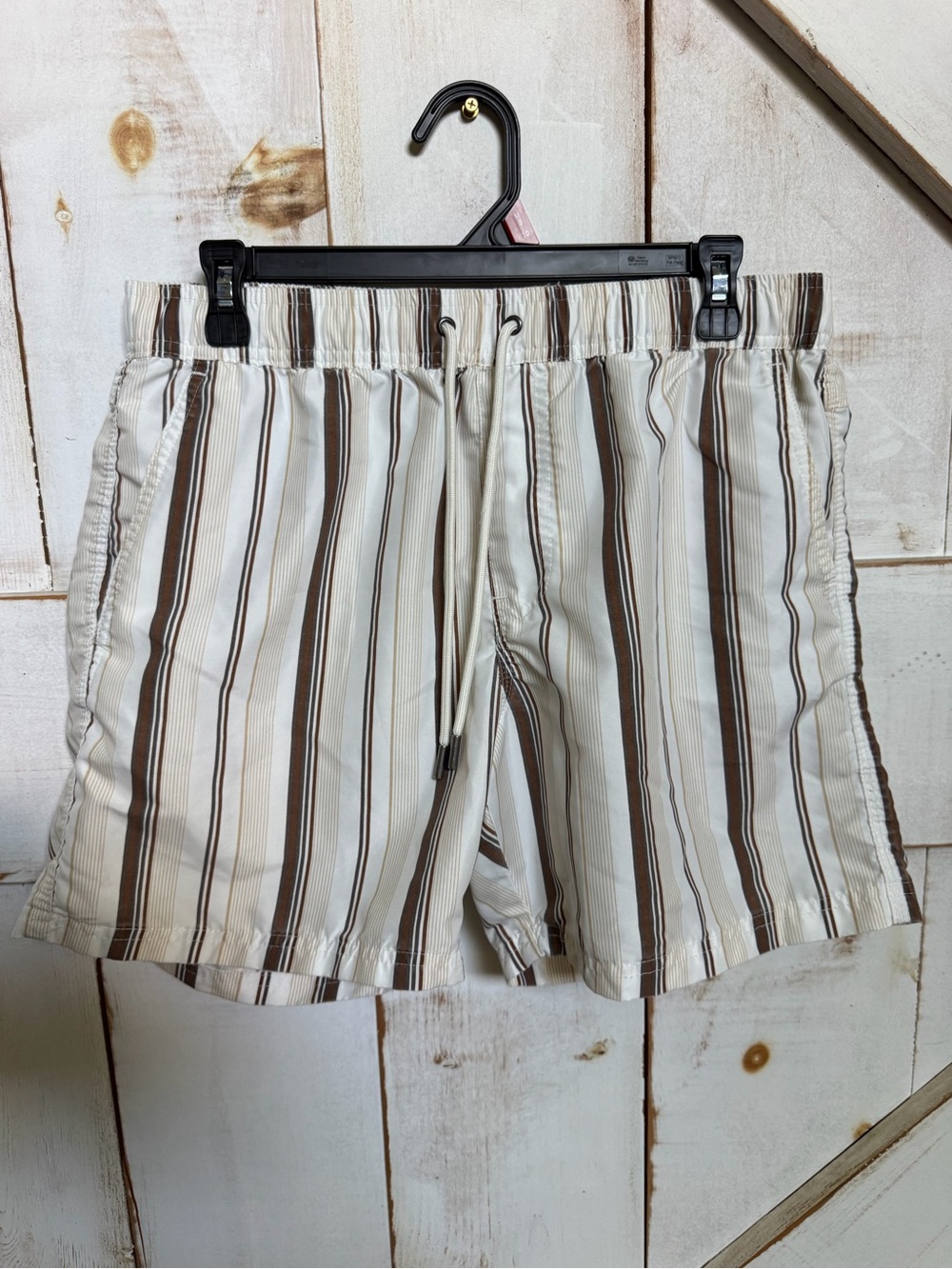 Men's Brown & White Striped Swim Trunks - Drawstring Waist